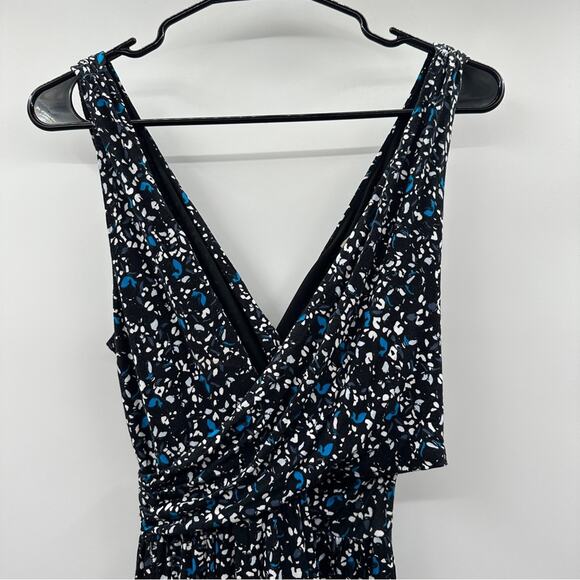 LOFT Outlet Black, White & Blue Geometric Print Sleeveless Faux Wrap Dress Sz XS - Picture 2 of 8